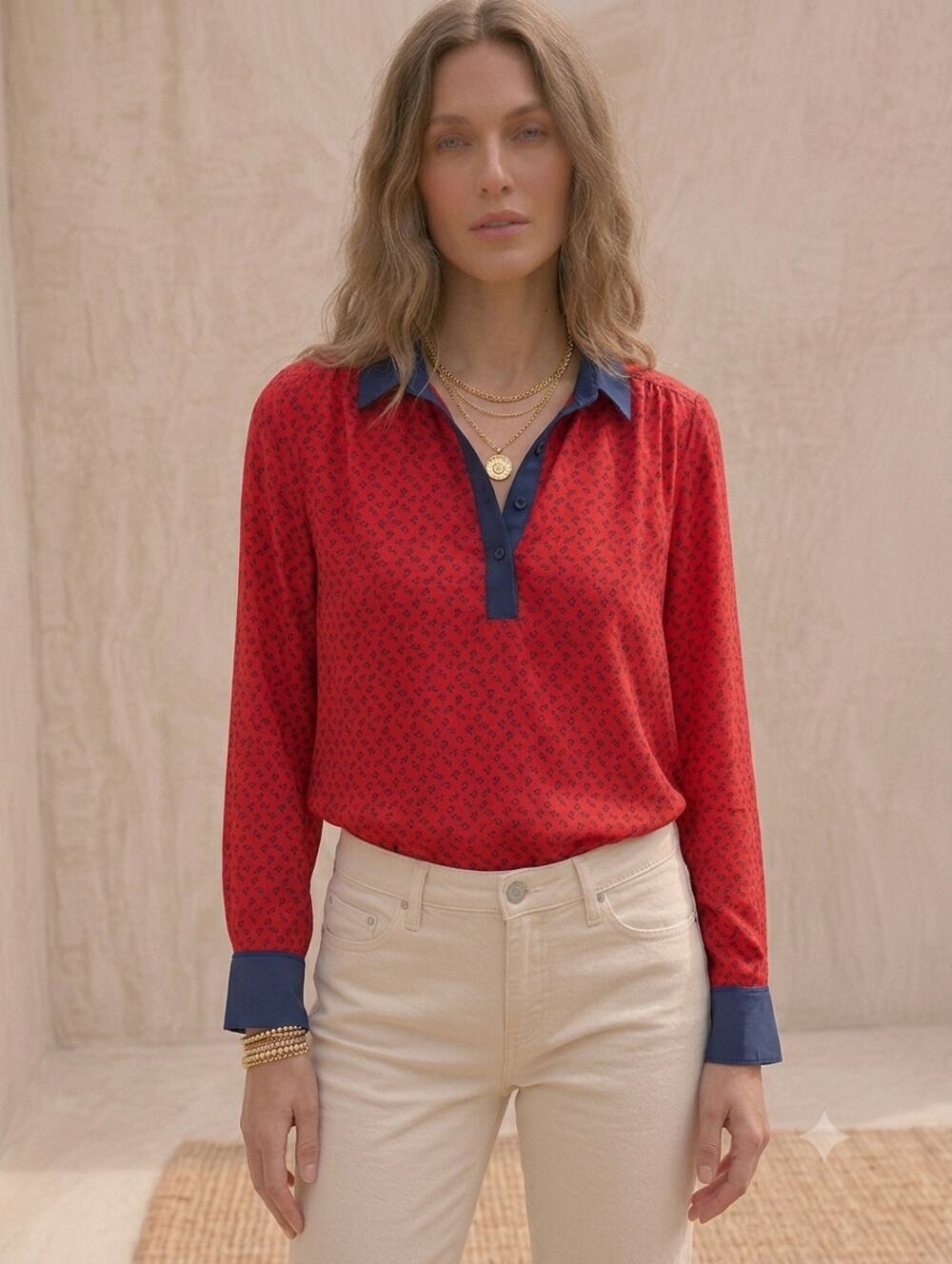 Free People Rearing Horse Print Contrast Collar Henley Top Red Navy XS